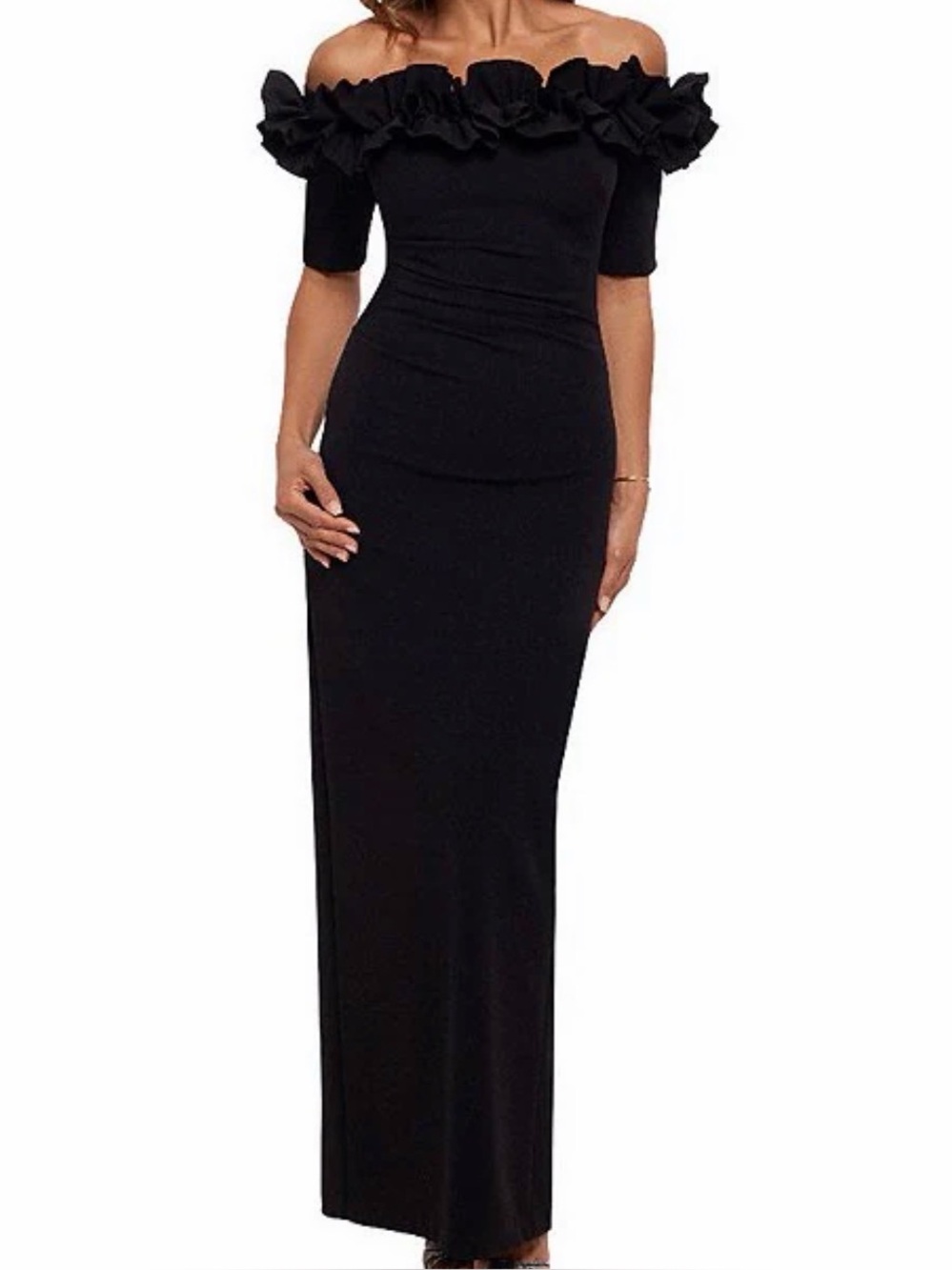 Xscape Black Off-the-Shoulder Ruffle Column Evening Gown